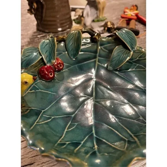 Majolica Pottery Footed Green Cabbage Leaf Bowl w/ Bird & Cherries EUC